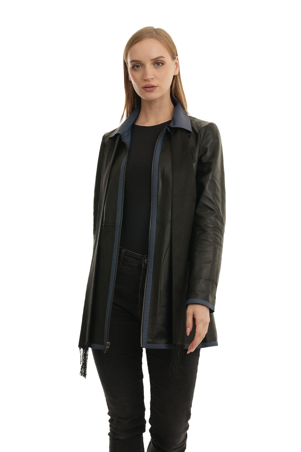 Bueno 's Long Leather Coat in orange leather