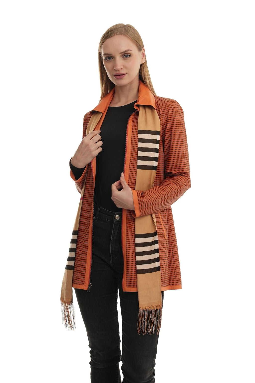 Bueno 's Long Leather Coat in orange leather